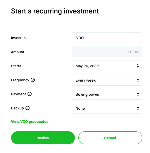 This is the form to create a new Robinhood recurring investment.